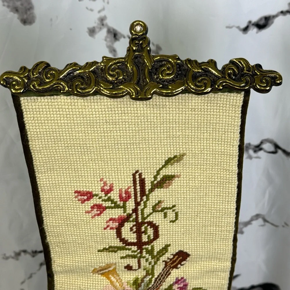 Vintage Petit Point Bell Pull Needle Point Velvet Backed Musical & Floral Design
